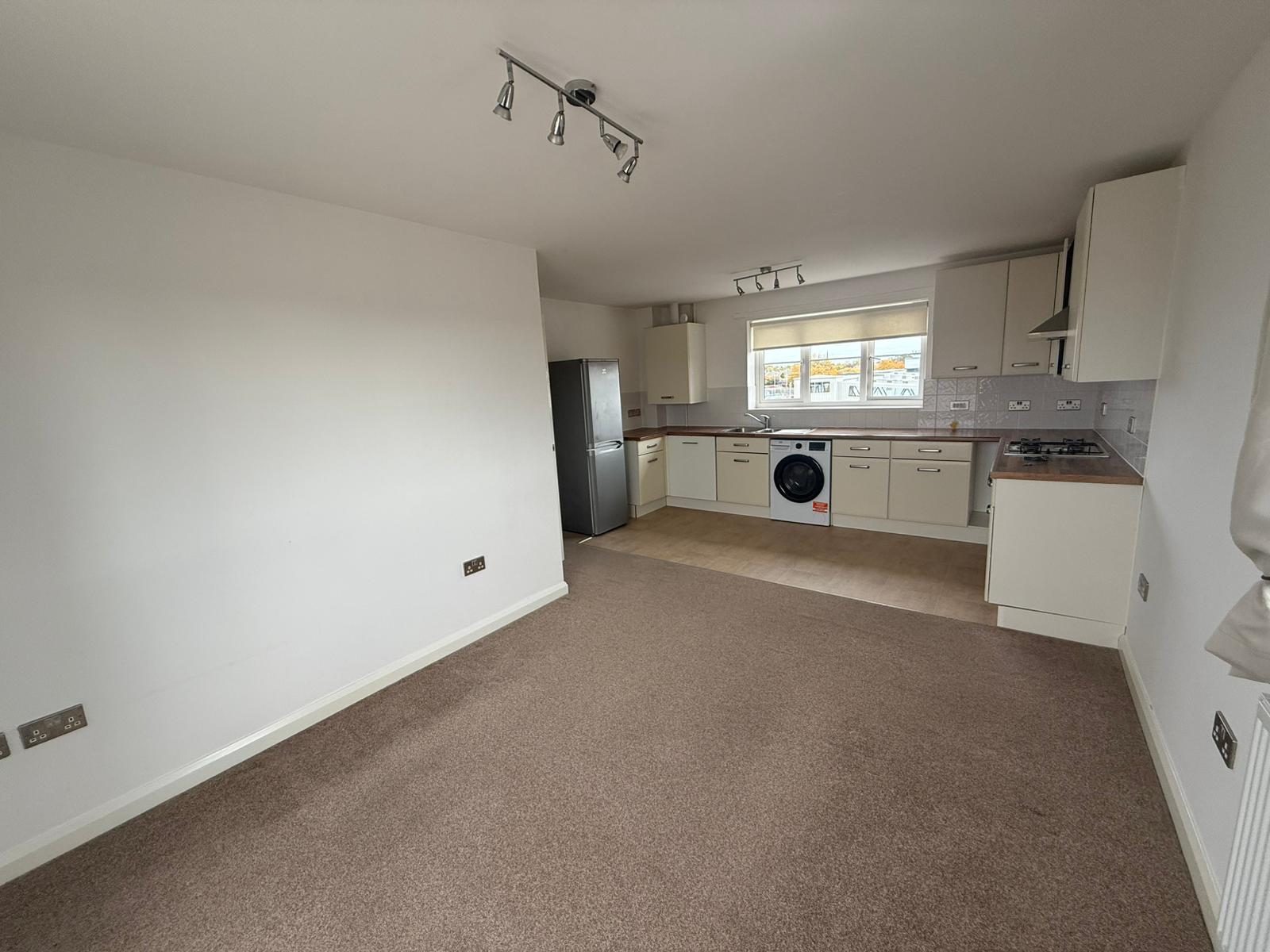 Open-plan living area leading into the kitchen