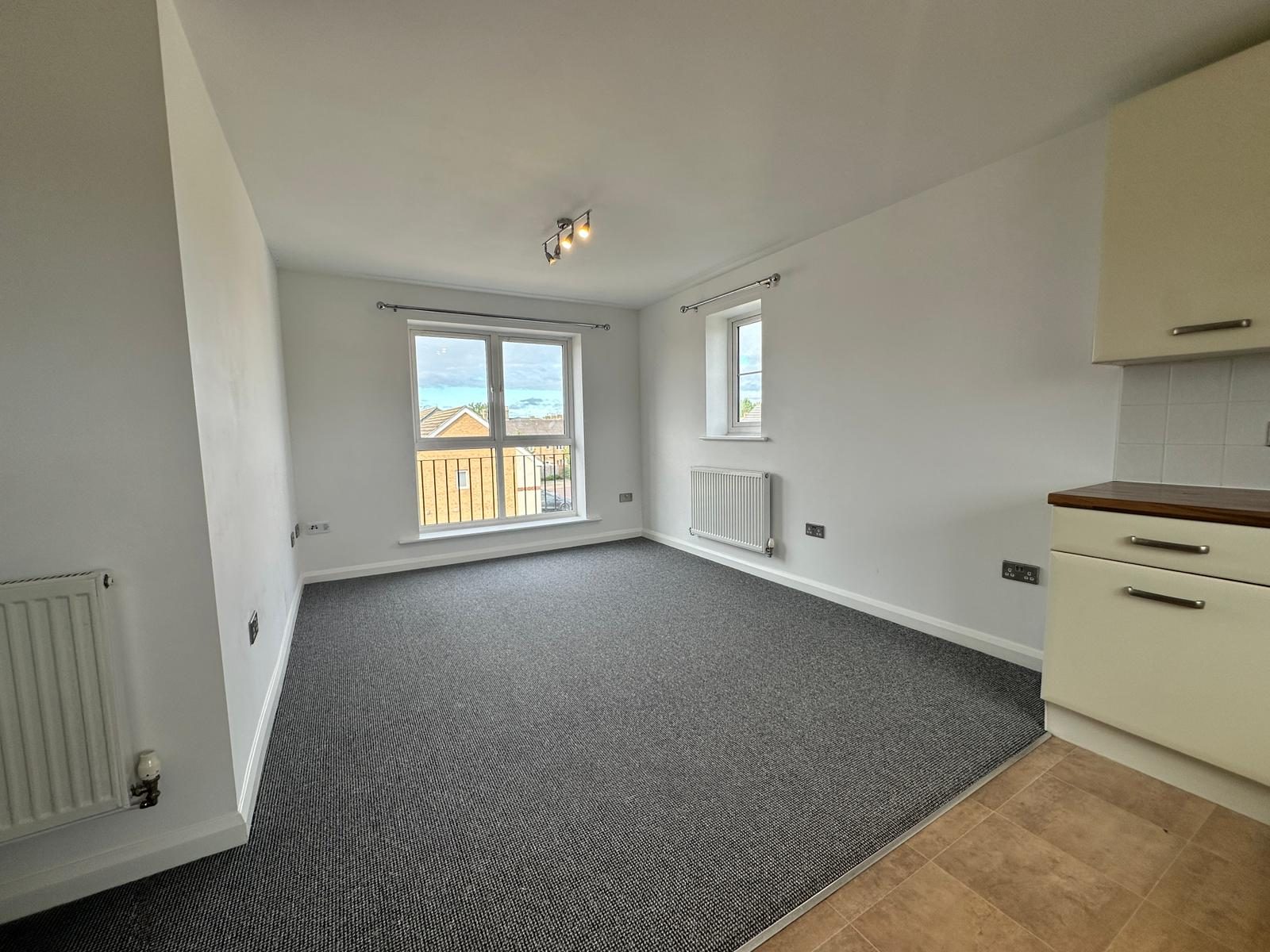 Open-plan living area with a Juliet balcony and new carpet