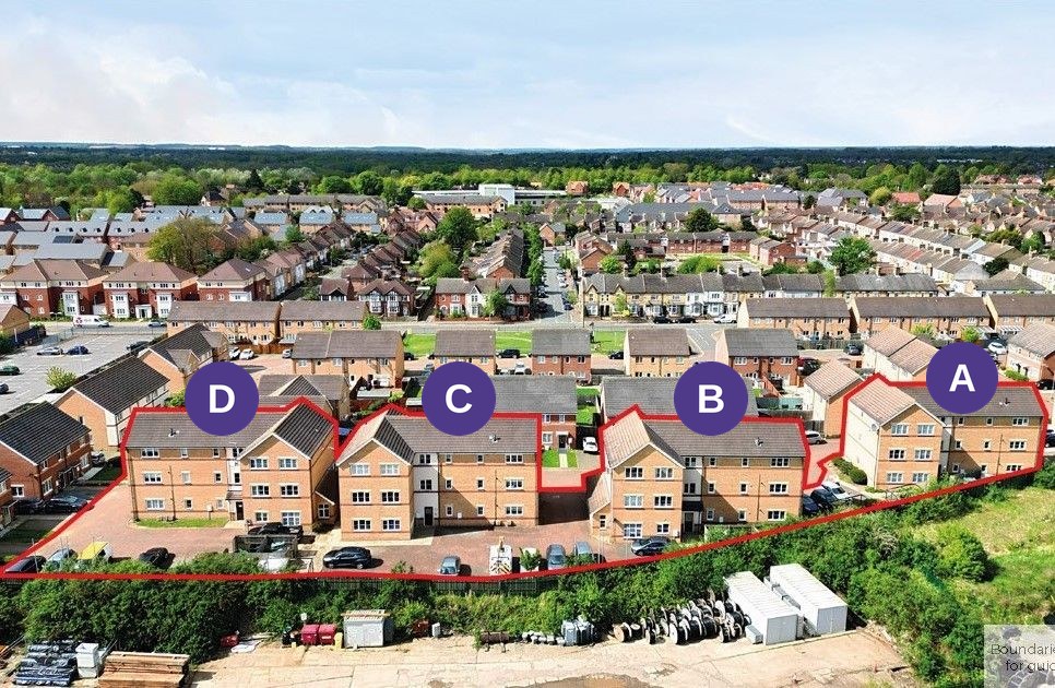 Aerial view of Rathbone Crescent with the four apartment blocks outlined and lettered A to D